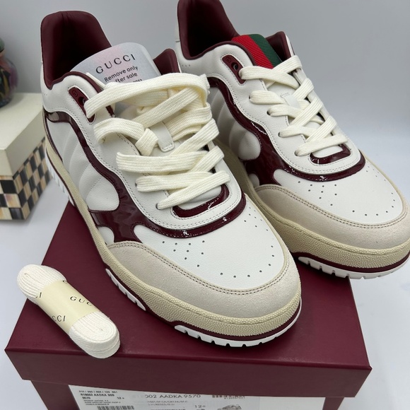 Men’s Gucci re-web sneakers in white leather with Red Accent size 12.5 Italy - Picture 1 of 11